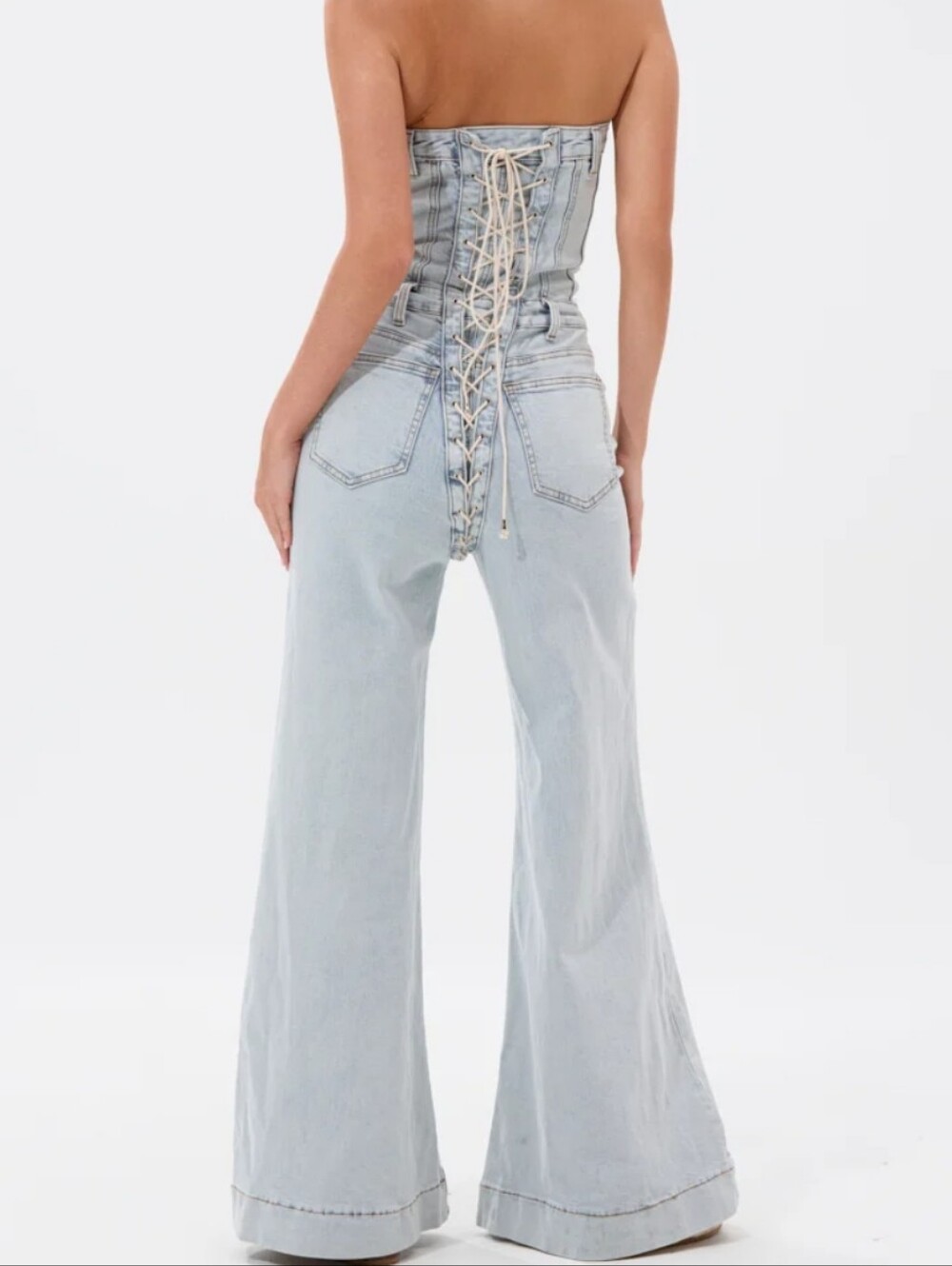 Light Wash Lace-Up Back Wide Leg Jeans